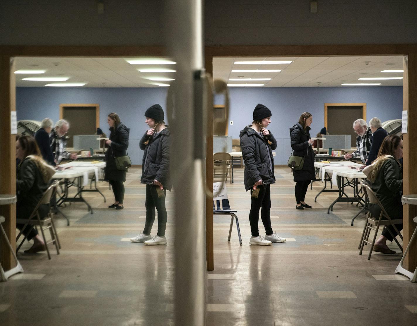 Voters waited in line at the Peace United Church of Christ in Duluth's 15th precinct to cast their vote on Tuesday. ] ALEX KORMANN • alex.kormann@startribune.com Duluth voters took to the polls on Super Tuesday on March 3, 2020 to cast their votes in the party primary elections.