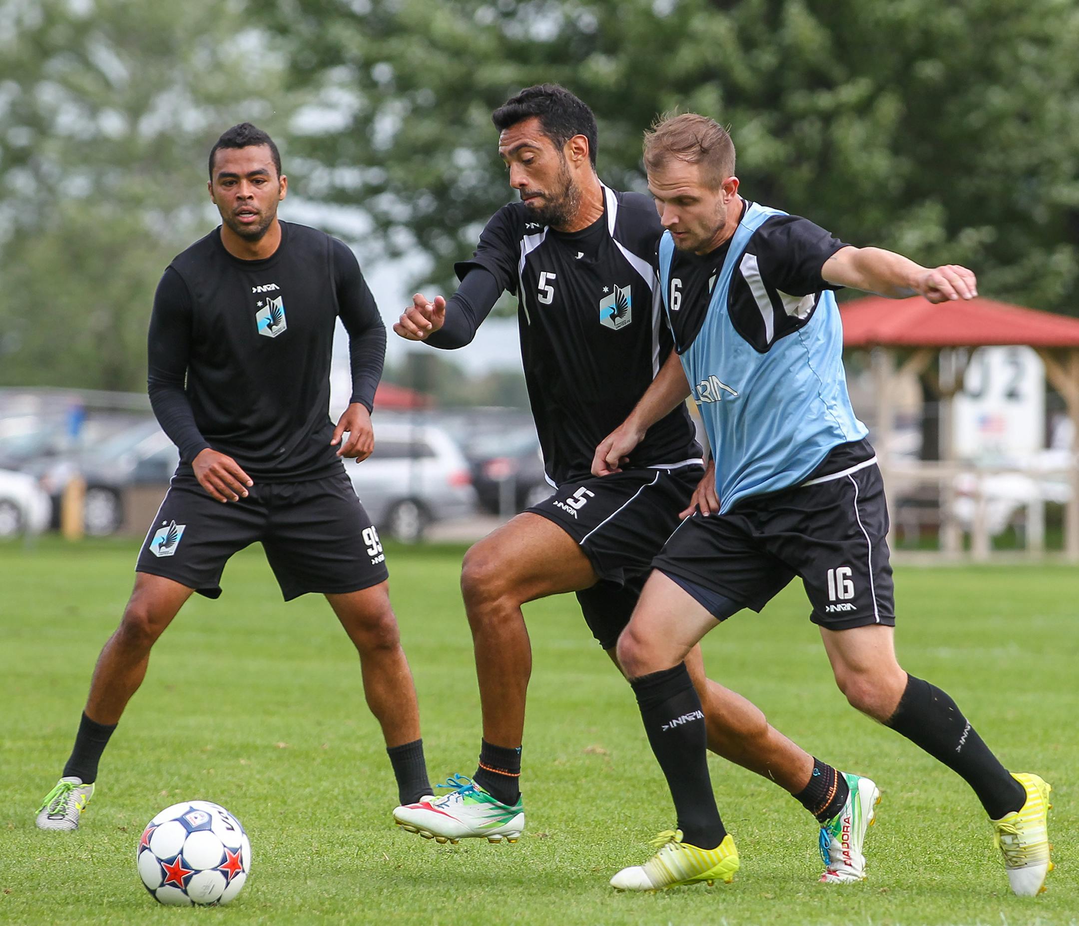 Minnesota United defender Tiago Calvano, 5, races Tyler Polak, 16, to the ball during practice at the team's facility at the National Sports Center in Blaine. Mark Hvidsten, mark.hvidsten@startribune.com
