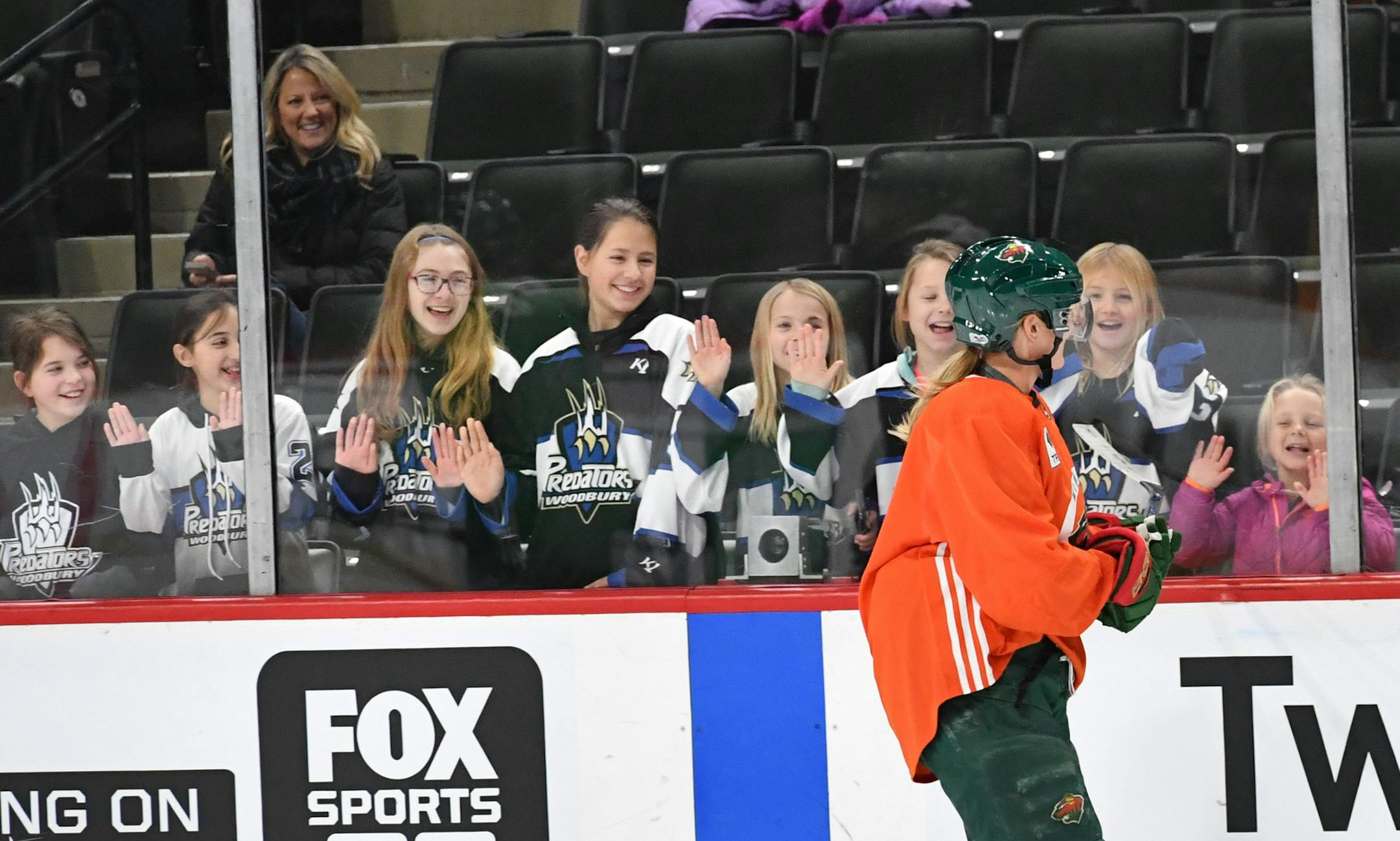 Before practice Krissy Wendell-Pohl skated over to greet her daughter's hockey team, the Woodbury Predators. In celebration of the second annual Minnesota Wild Girls Hockey Weekend, former Golden Gopher women's hockey player and U.S. Olympian Krissy Wendell-Pohl practiced with the Minnesota Wild on Friday. ] GLEN STUBBE • glen.stubbe@startribune.com Friday, December 15, 2017 In celebration of the second annual Minnesota Wild Girls Hockey Weekend, former Golden Gopher women's hockey player