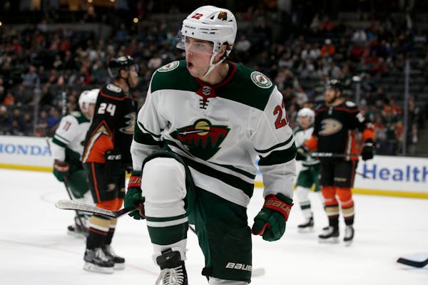 Wild left winger Kevin Fiala reacted after scoring against the Anaheim Ducks during the first period Sunday. He finished the scoring as well, with his