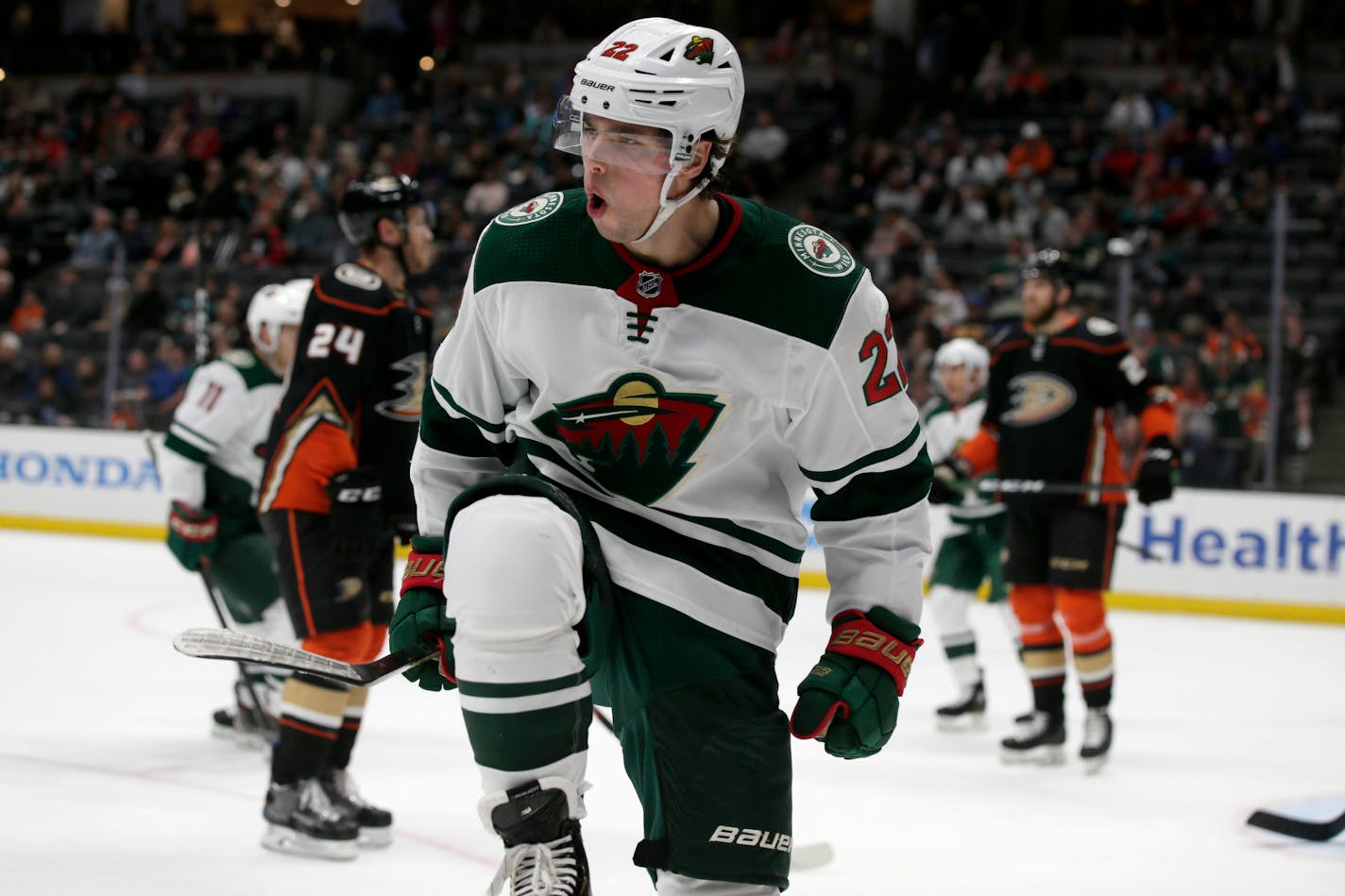 Wild left winger Kevin Fiala reacted after scoring against the Anaheim Ducks during the first period Sunday. He finished the scoring as well, with his overtime goal lifting the Wild over the Ducks 5-4.