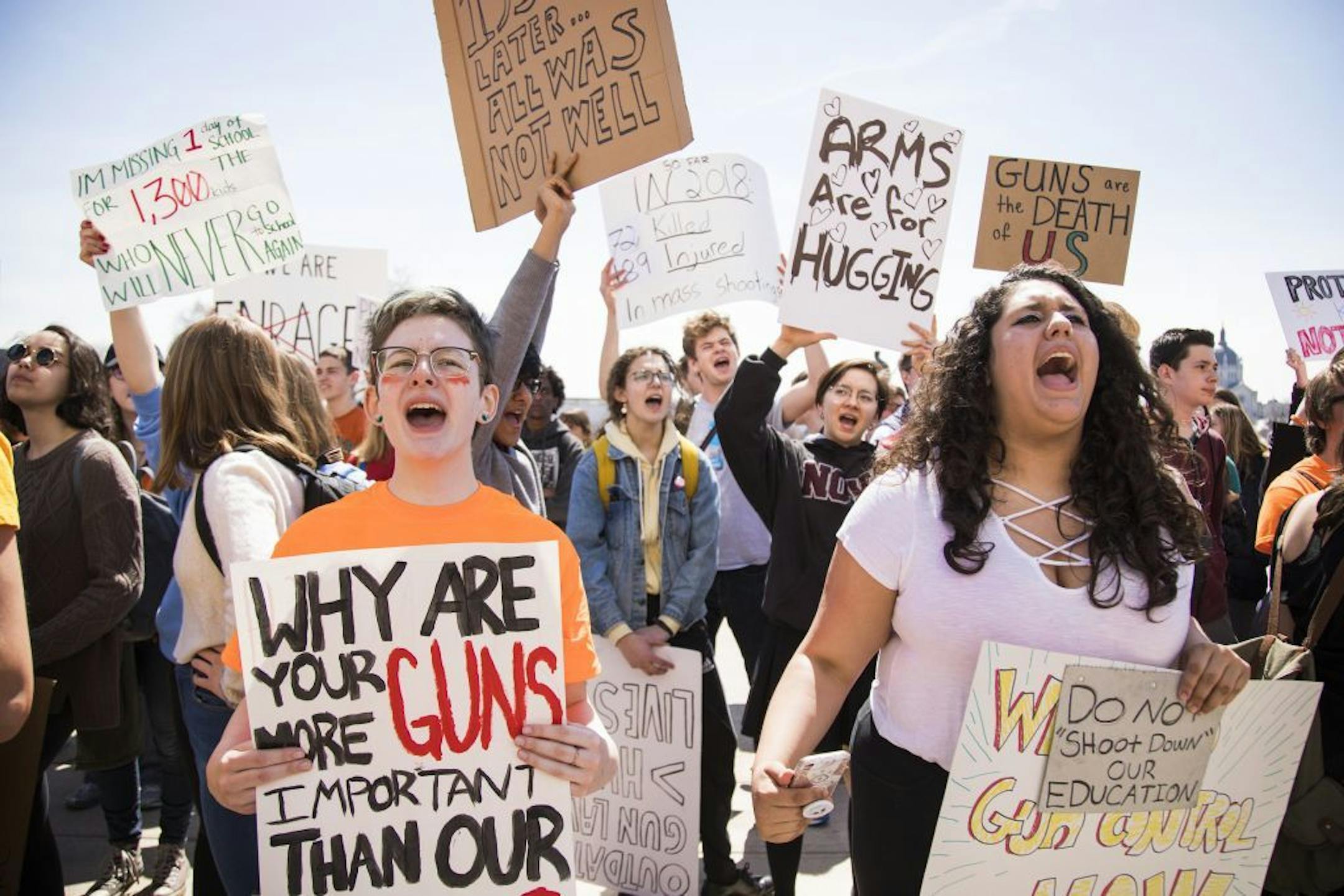 Jasmine Kelly, left, an Eden Prairie freshman, and Emory Solomonson, right, a senior at Wayzata High School, joined hundreds of students at a gun-control rally at the Capitol on Friday, April 20.