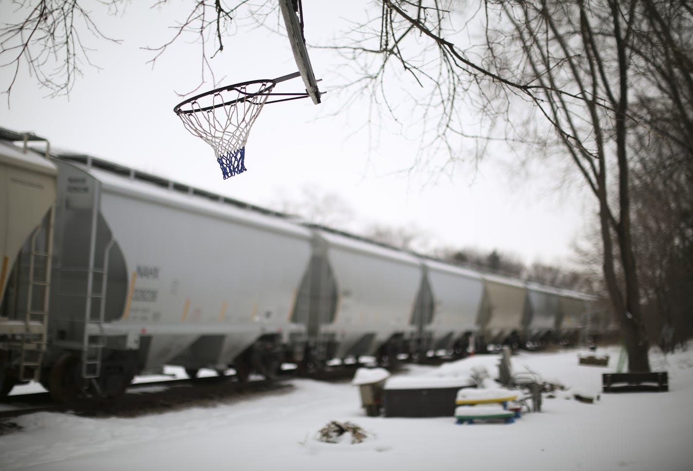 A baskertball hoop hung from a treen near the rail cars stored on tracks behind Pam Steinhagen's back yard Wednesday afternoon. ] JEFF WHEELER &#xef; jeff.wheeler@startribune.com For seven years, Pam Steinhagen has had parked rail cars sitting on an unused stretch of track that runs behind her Lakeville house. She&#xed;s been an outspoken advocate for getting them moved, and has raised concerns about neighbors having to &#xec;police&#xee; the cars for trespassers and graffiti. Steinhagen and her