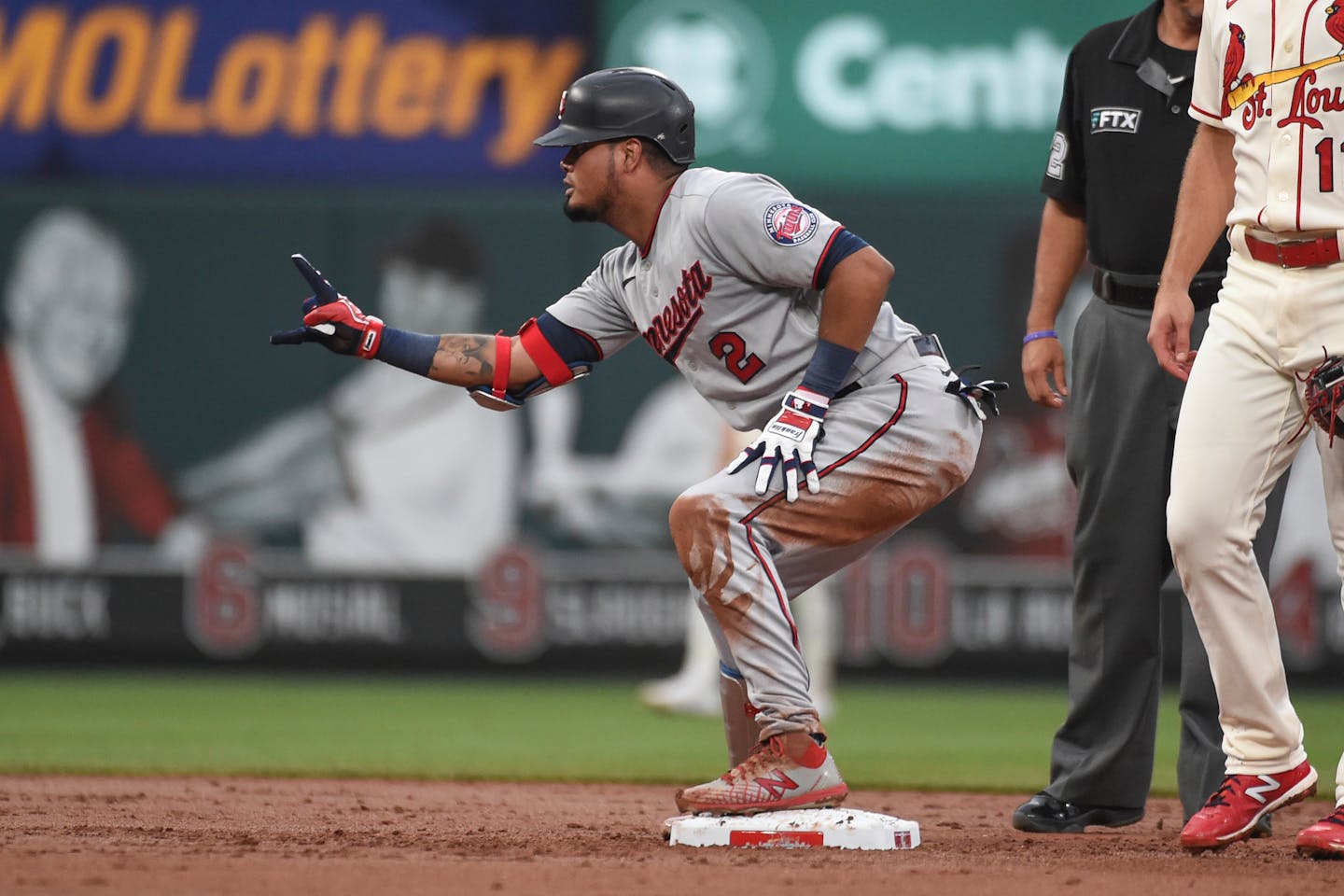 Minnesota Twins' Luis Arraez reacts after hitting an RBI-double during the third inning