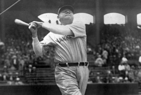 In this June 18, 1929, photo, New York Yankees’ Babe Ruth took a big swing at Yankee Stadium.