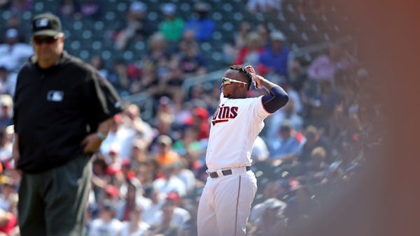 Miguel Sano (22) reacted after he was out on a fly ball in the sixth inning at Target Field on Thursday.