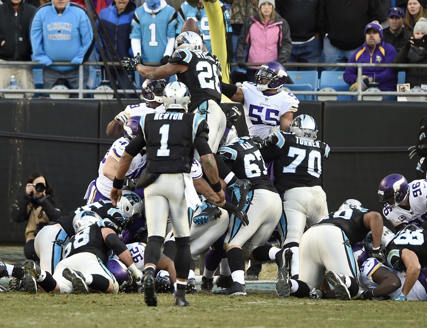 Panthers running back Jonathan Stewart (28) dove over the goal line for a touchdown against the Vikings during the second half Sunday.