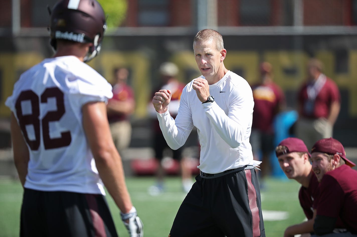 Minnesota Gophers offensive coordinator Jay Johnson took to the field for the second day of practice, Saturday, August 6, 2016 at Bierman Field in Minneapolis, MN.