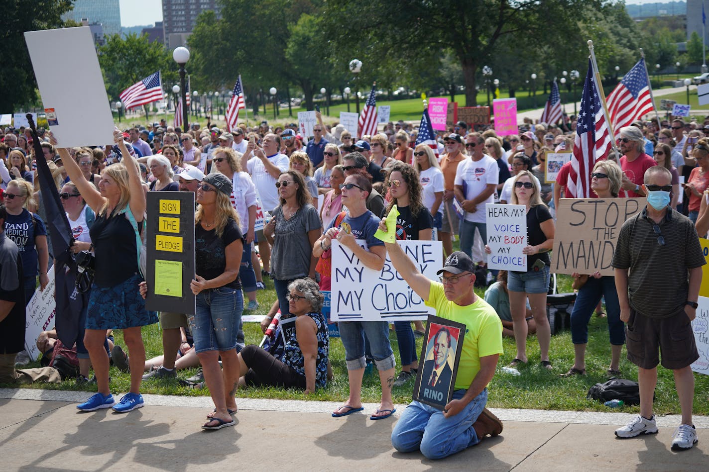 A large crowd filled the Minnesota State Capitol Lawn during a rally for medical freedom on Saturday, August 28, 2021. The crowd opposed medical and government mandates for COVID-19 vaccinations and masks. Chants of ???my body, my choice??? frequently burst out.