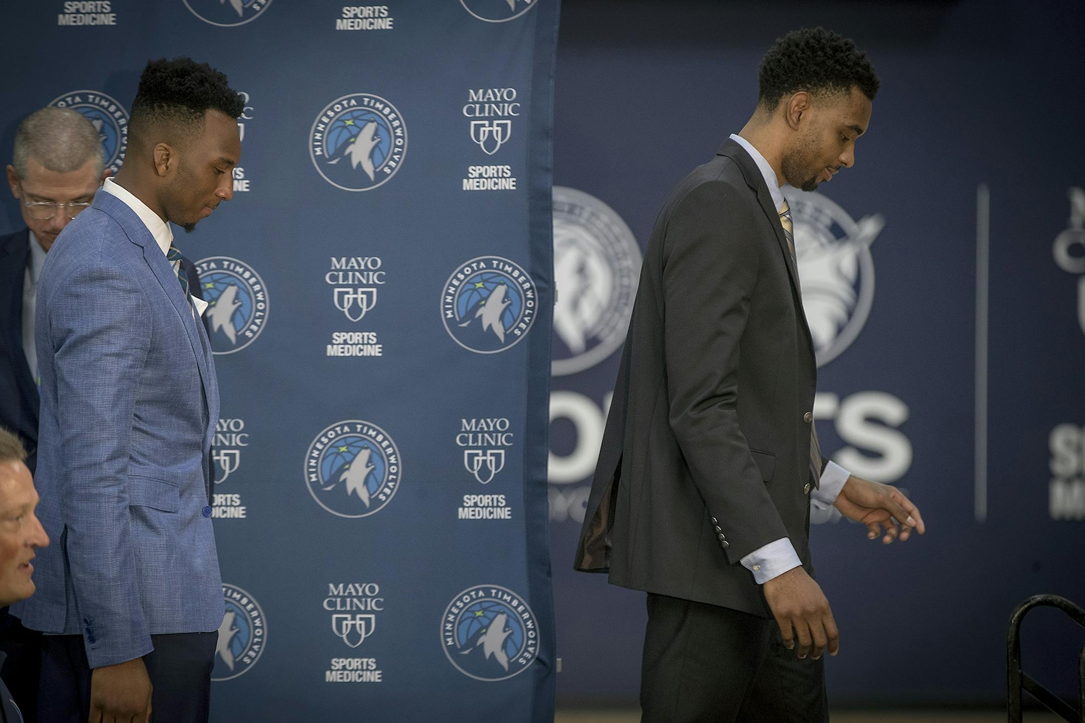 The Minnesota Timberwolves 2018 Draft Picks Josh Okogie left, and Keita Bates-Diop made their way off the stage after they addressed the media during a press conference, Tuesday, June 26, 2018 at the Mayo Clinic Square in Minneapolis, MN.