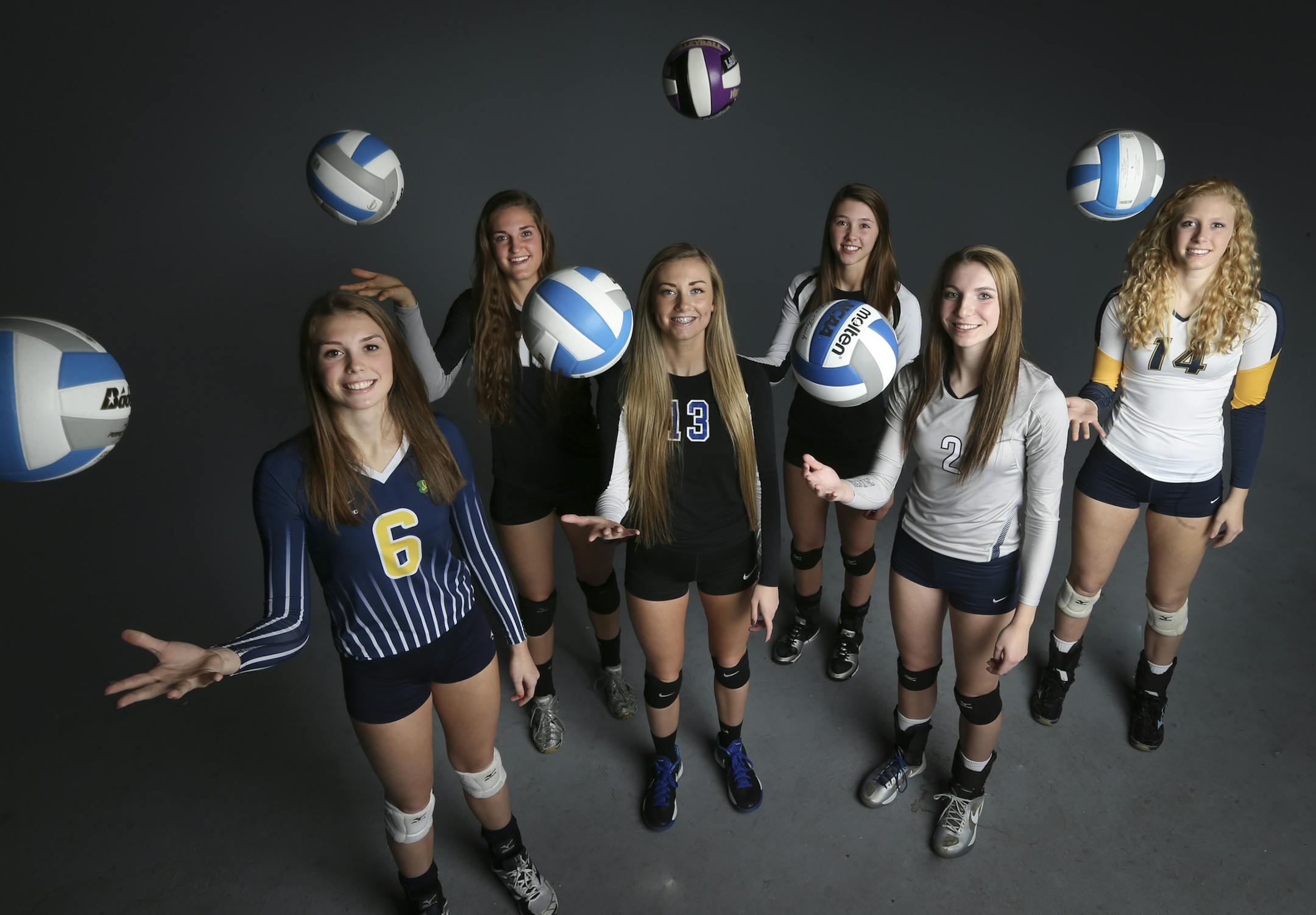 Volleyball metro players of the year from the left; Brittany McLean, Rosemount, Monica Burich, Roseville, Samantha Seliger-Swenson, Hopkins, Sarah Kelly, Chaska, Sydney Hilley, Champlin Park, Lara Schultz, Prior Lake, photographed in the studio in Minneapolis, Minn. on Sunday, November 2, 2014. ] RENEE JONES SCHNEIDER • reneejones@startribune.com