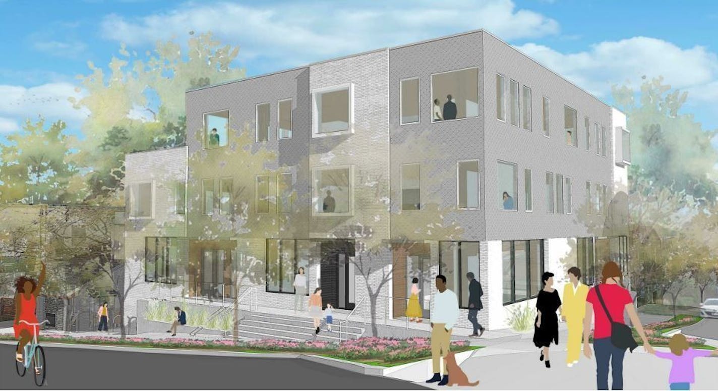 Renderings for a proposed three-story building on the corner of 4th Street and Upton Avenue S. The facade of the building is facing Upton Avenue.