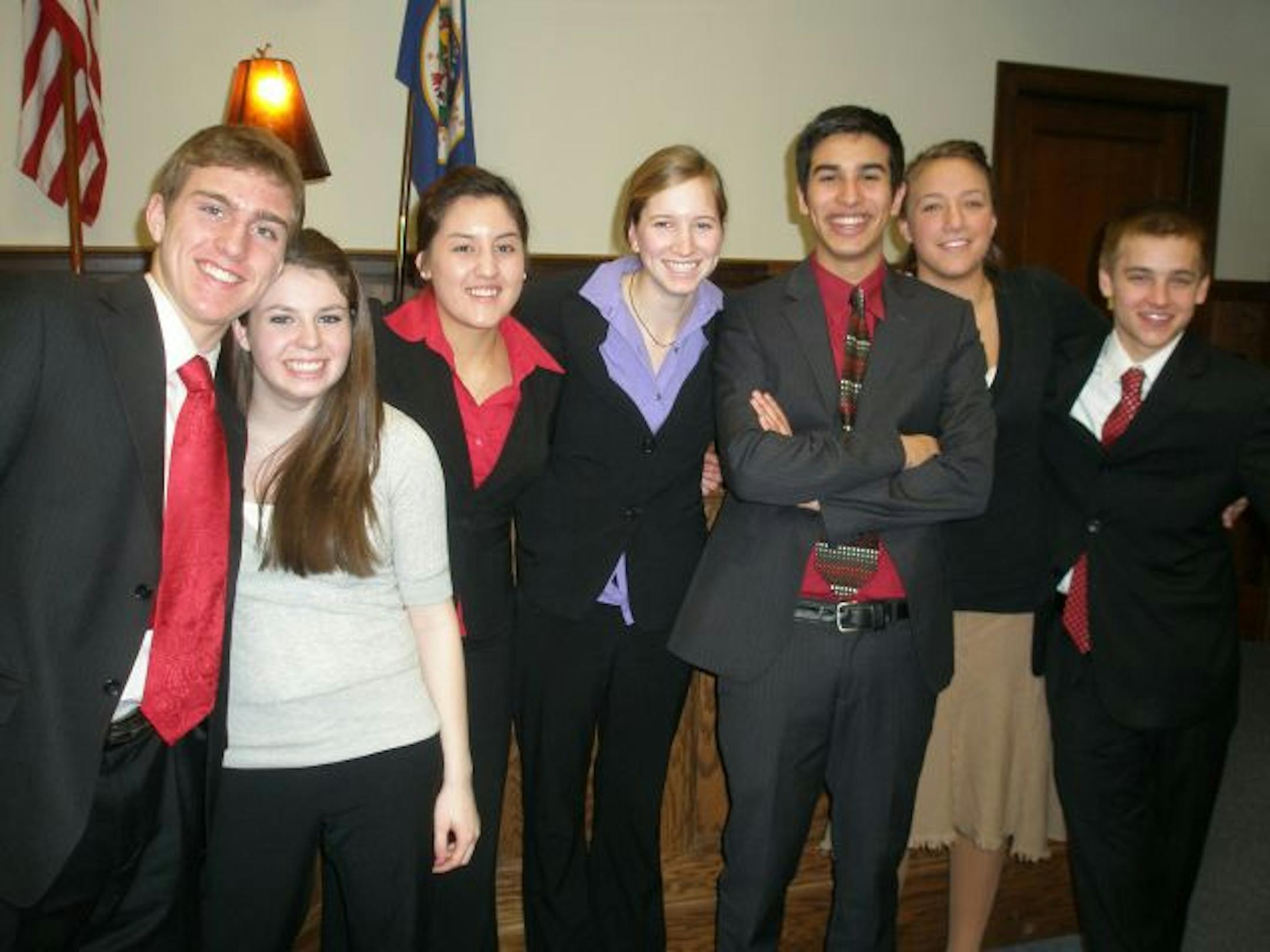 All of these students are members of the Lakeville North High School mock trial team going to nationals.L to R. Josh Brogan, Melissa Cheney, Corinne Solheid, Marie Ferguson, Luis Guitart, Liz Korby, Max Eichenberger