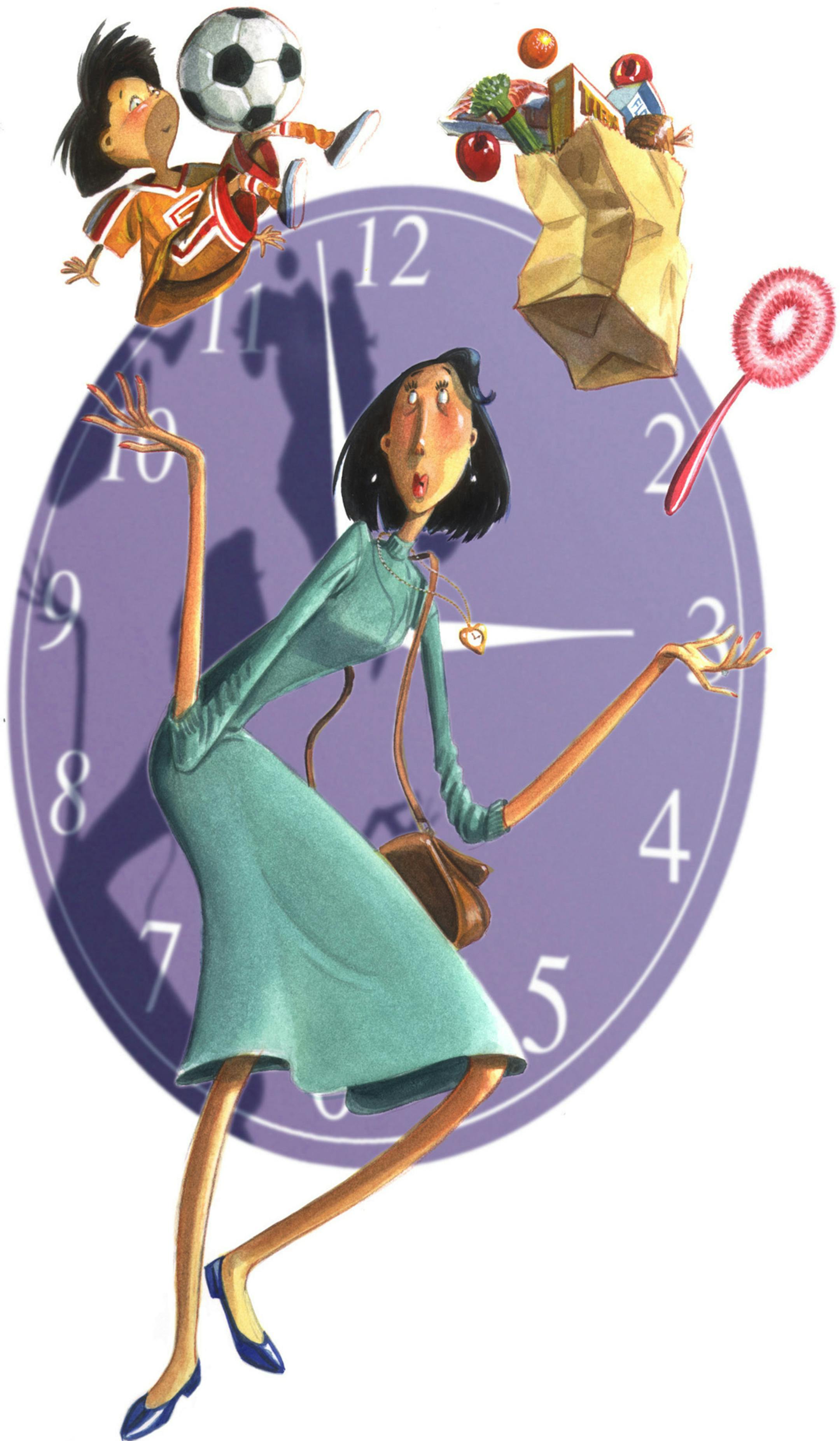 200 dpi 42p x 72p Tim Ludwig color illustration of working mother juggling child, groceries and cleaning in front of a clock. The Wichita Eagle 1999 ORG XMIT: 1176762