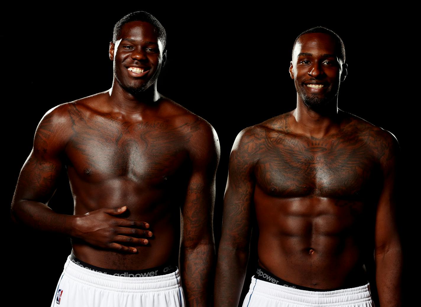 Anthony Bennett, left, and Shabazz Muhammad pose for photos during Timberwolves media day at the Target Center on Monday, September 29, 2014. ] LEILA NAVIDI leila.navidi@startribune.com /