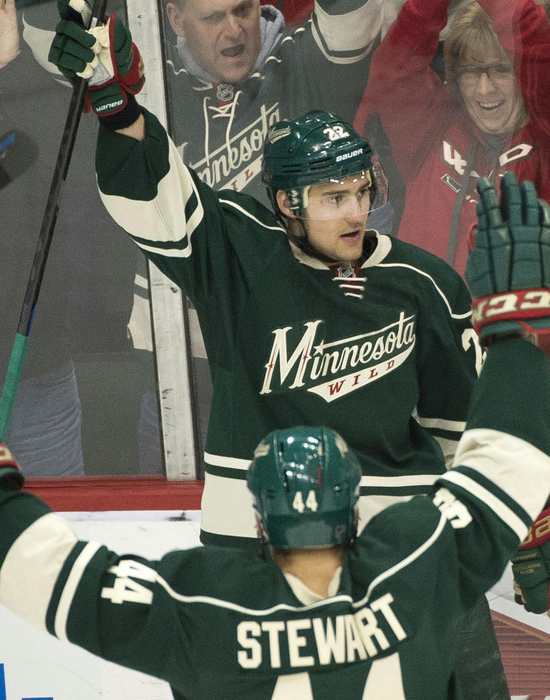 Wild wing Nino Niederreiter, back, has enjoyed leading the NHL in plus-minus since Jan. 26.