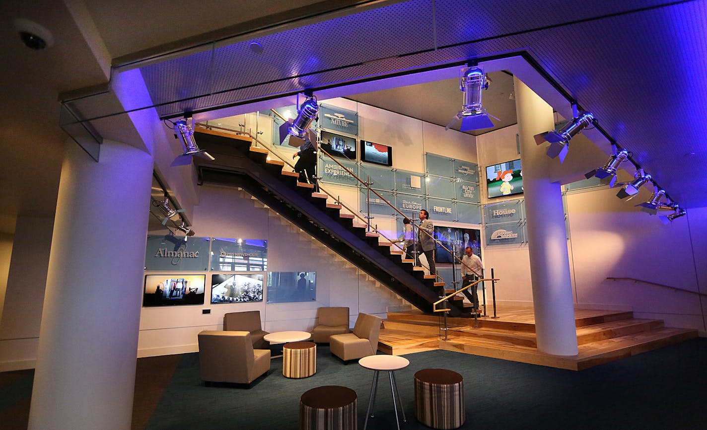 Graphic lines and open space are features of the grand stairway at the new-look headquarters for Twin Cities Public Television, now known as Twin Cities PBS.