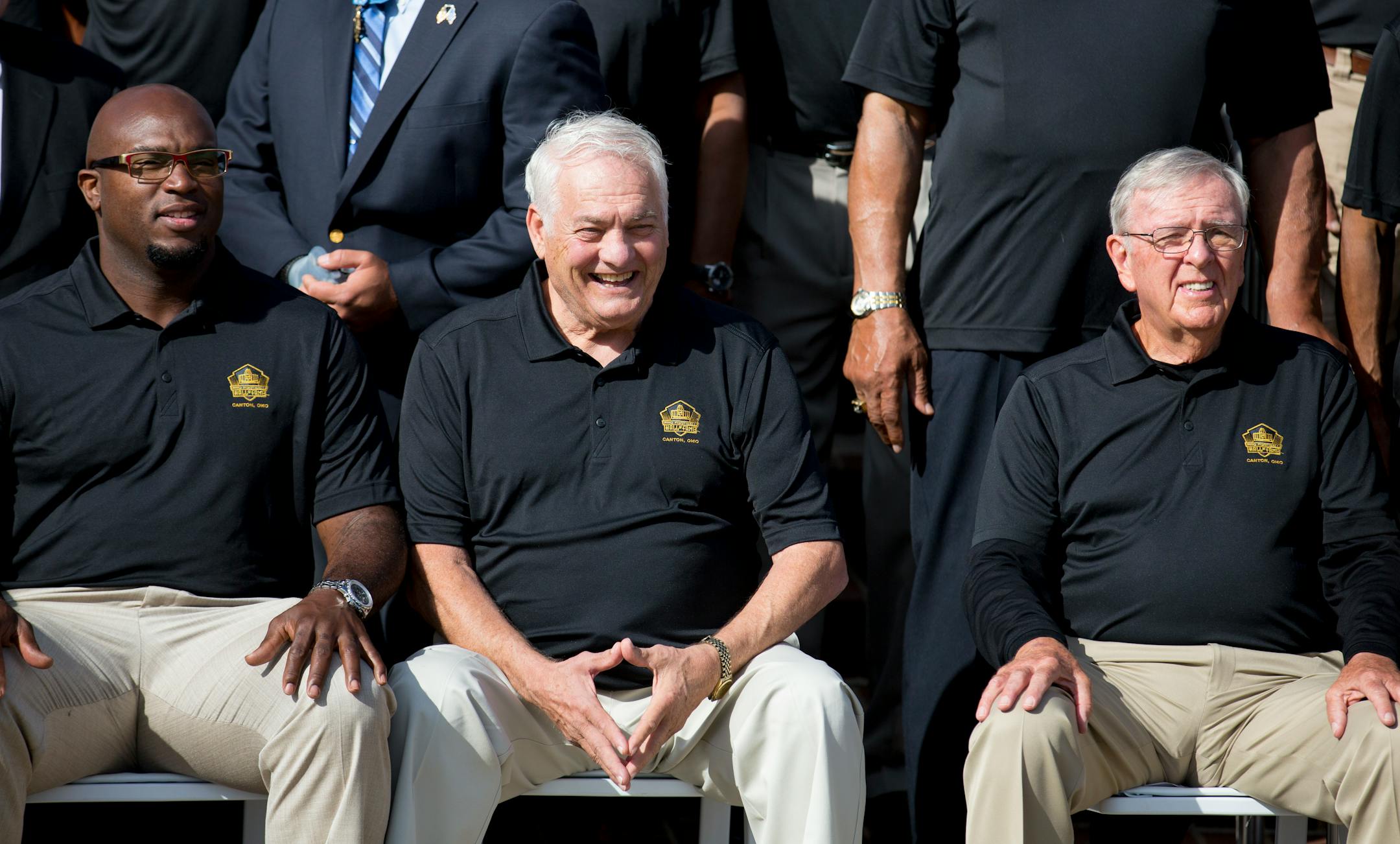 Minnesota Vikings center Mick Tingelhoff (center) will be inducted into the NFL Hall of Fame on Saturday and the festivities have already begun. Here, Tingelhoff was in the front row for a group photo with fellow inductees Friday morning.