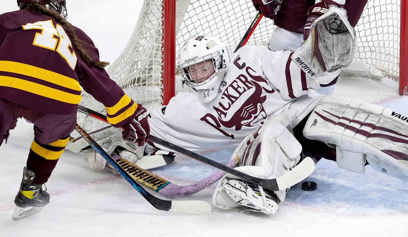 South St. Paul goalie Delaney Norman (37) makes a save in the second period during the Class 1A quarterfinals Wednesday, February 22, 2022, at Xcel Energy Center in St. Paul, Minn. ] CARLOS GONZALEZ • carlos.gonzalez@startribune.com.