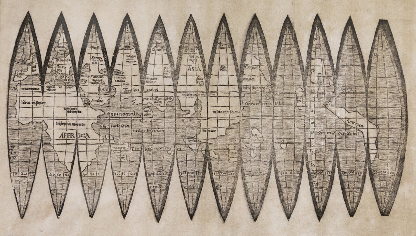 An original print of Martin Waldseem&#xb8;ller's 1507 globe gores map. ] LEILA NAVIDI &#xef; leila.navidi@startribune.com BACKGROUND INFORMATION: An original print of Martin Waldseem&#xb8;ller's 1507 globe gores map is housed at the James Ford Bell Library on the campus of the University of Minnesota in Minneapolis on Wednesday, December 20, 2017. The Waldseem&#xb8;ller world map is the first to name America and to represent the Pacific Ocean as a separate body of water.