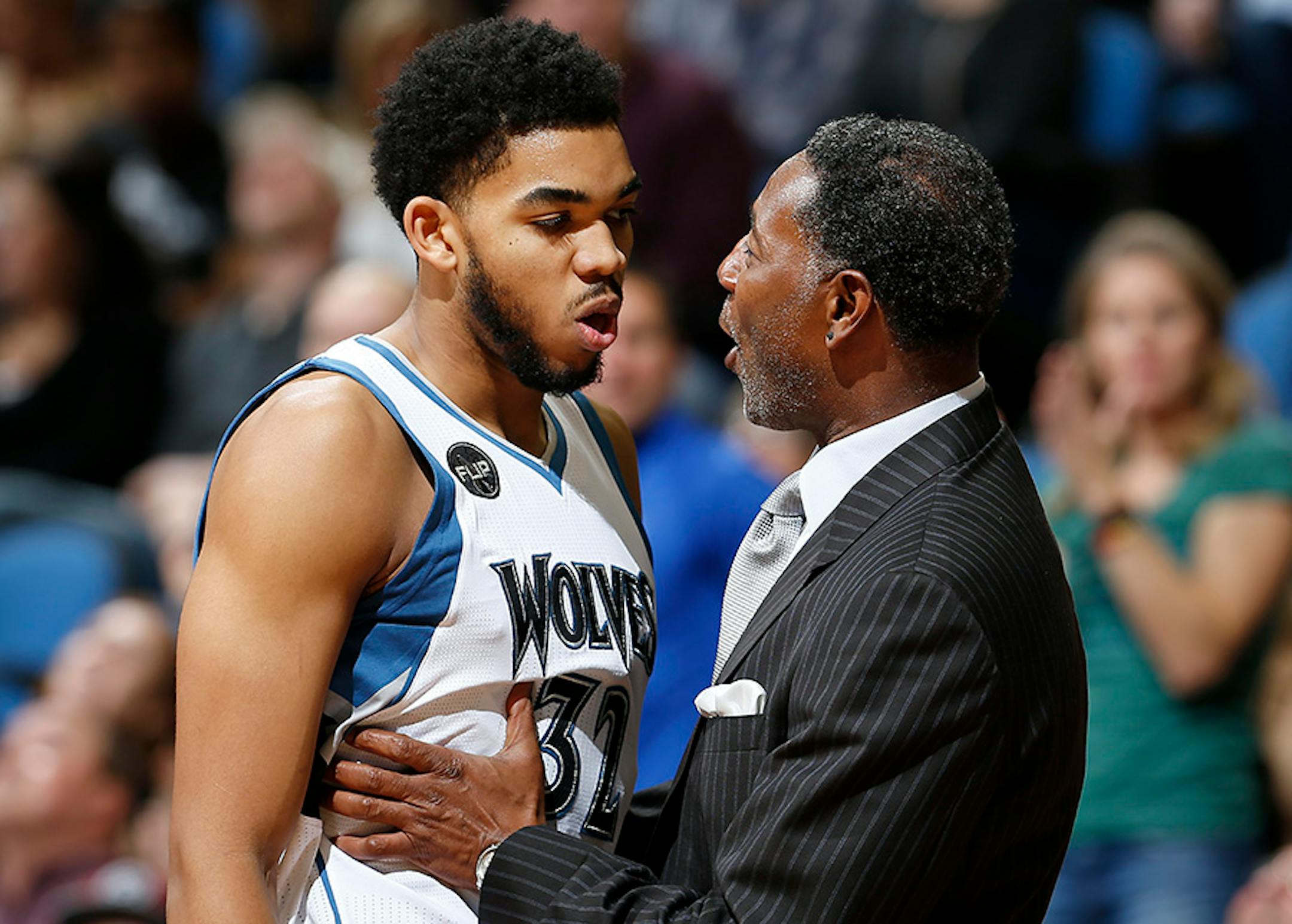 Timberwolves interim head coach Sam Mitchell spoke with Karl-Anthony Towns.