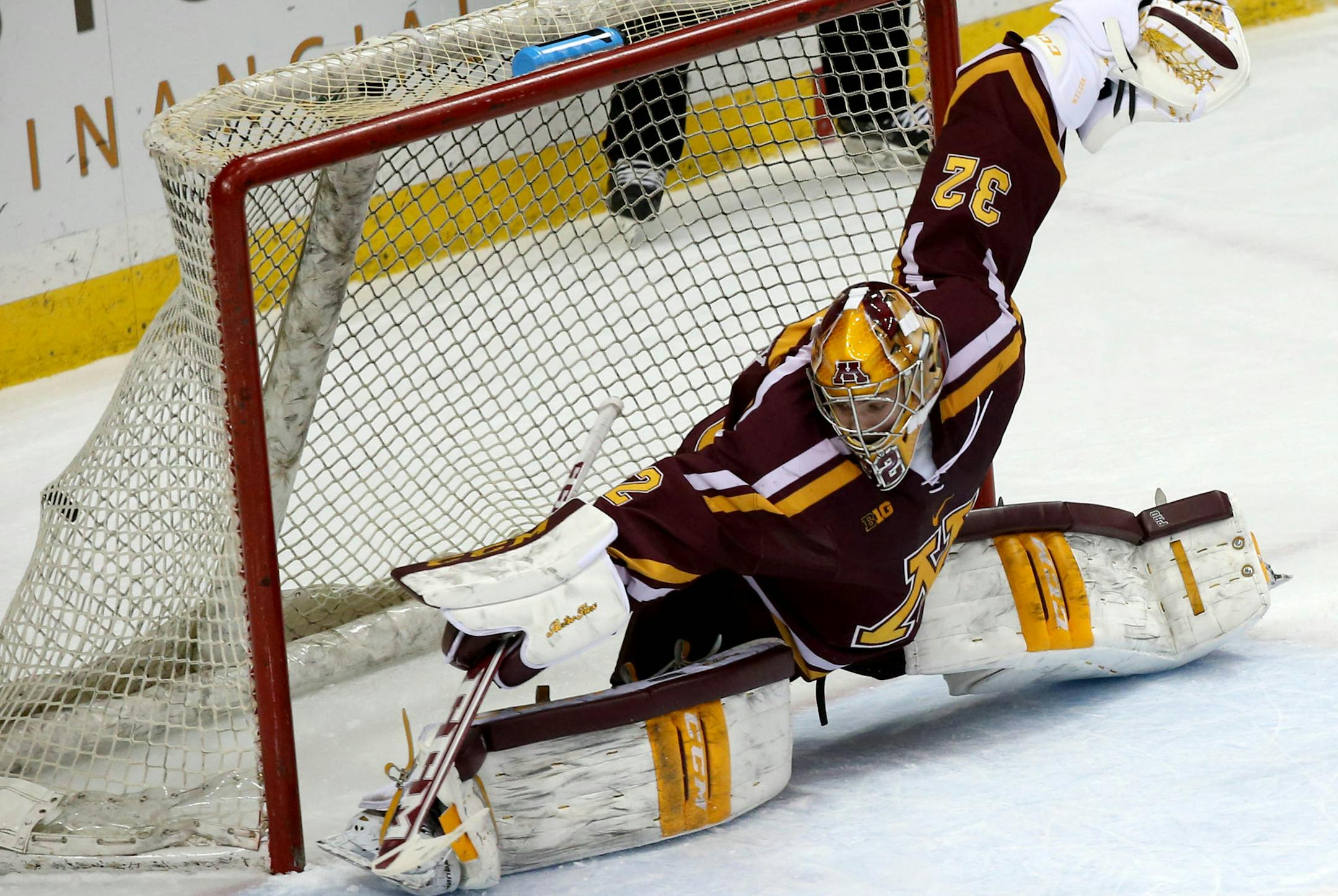 Gopher goalie Adam Wilcox couldn't stop this Minnesota State goal during the first period. ] (KYNDELL HARKNESS/STAR TRIBUNE) kyndell.harkness@startribune.com Gophers vs Minnesota State at the Xcel Energy Center in St. Paul Min., Friday, January 23, 2015.