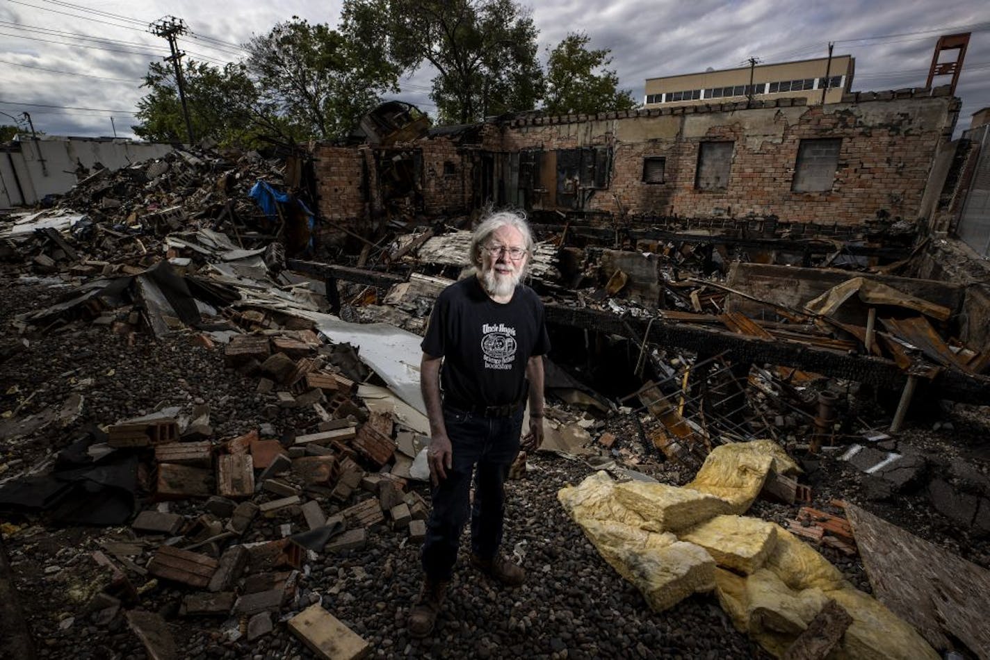 Don Blyly stood on the ruins of Uncle Hugo's Science Fiction & Uncle Edgar's Mystery Bookstores in Minneapolis.