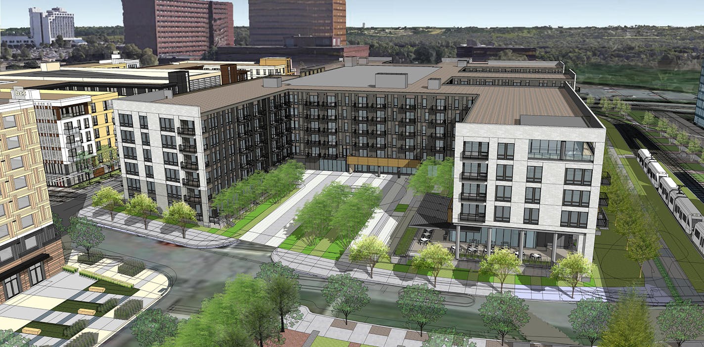 The six-story, 402-unit apartment building is part of Bloomington Central Station, a 50-acre development along the Blue Line light rail near the Mall of America.