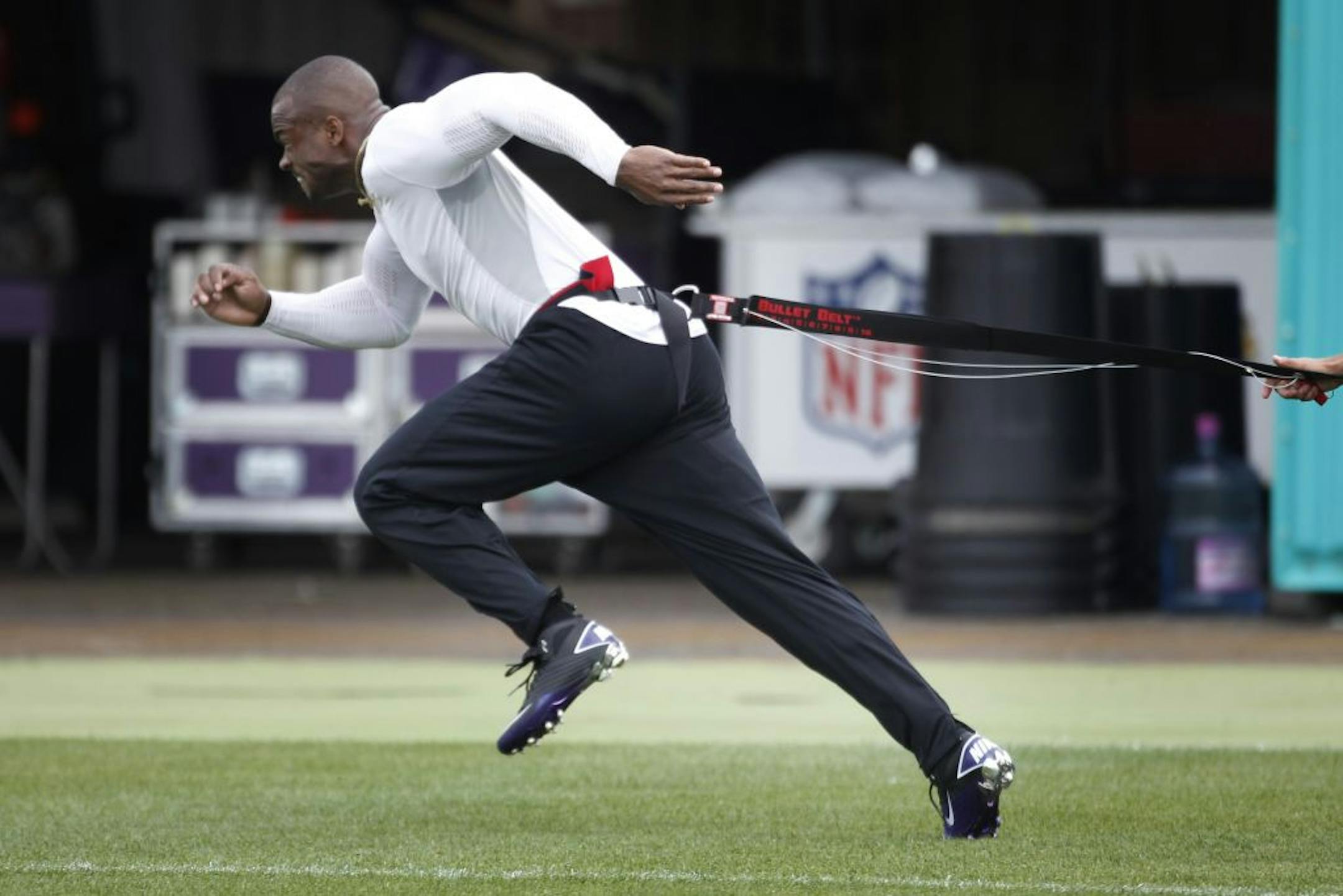 Adrain Peterson worked out during Vikings organized team activities Wednesday May 30, 2012 at Winter Park in Eden Prairie, MN.