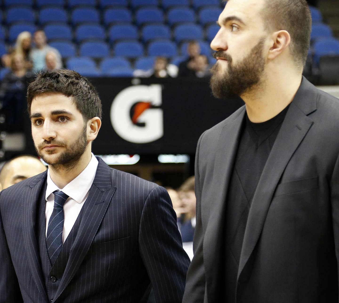 Injured Minnesota Timberwolves players Ricky Rubio and Nicola Pekovic. ] CARLOS ONZALEZ cgonzalez@startribune.com , January 5, 2015, Minneapolis, Minn., Target Center, NBA, Minnesota Timberwolves vs. Denver Nuggets ORG XMIT: MIN1501061742050163