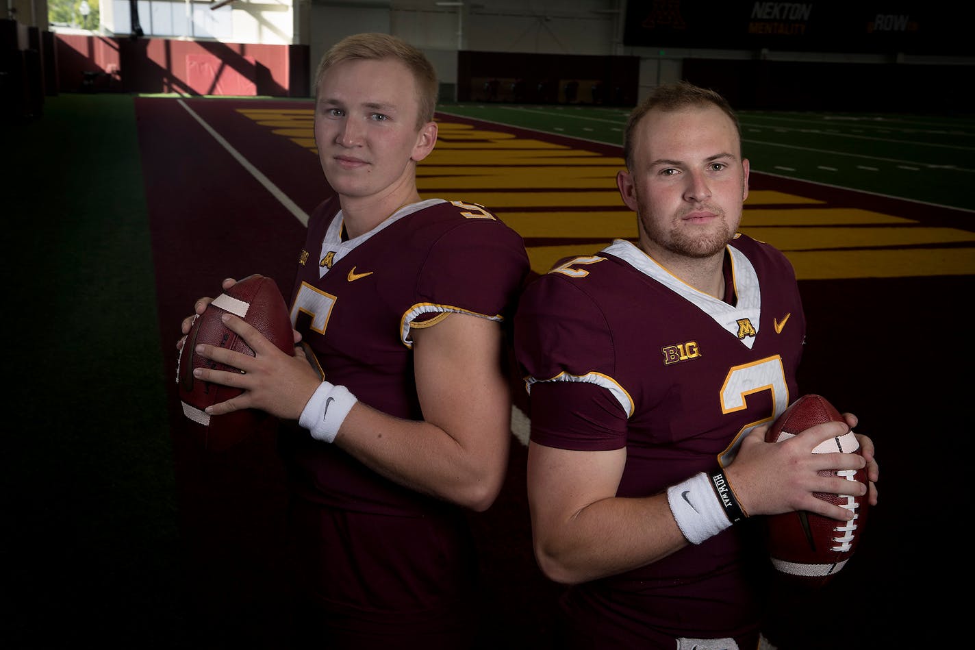 Gophers quarterbacks Zack Annexstad, left, and Tanner Morgan will compete with each other and two newcomers for the starting job next fall.