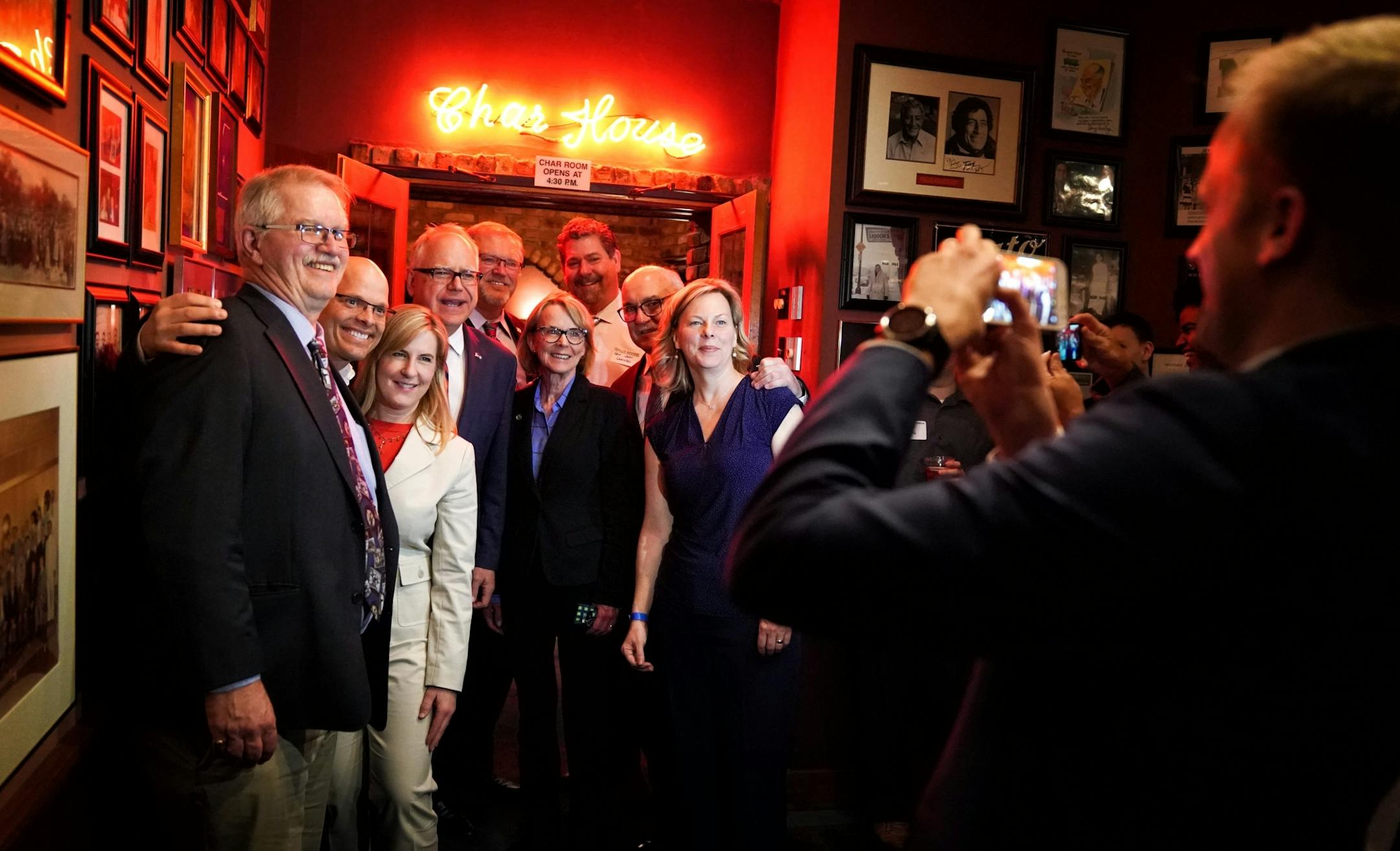Governor Tim Walz arrived at the party and the call went out for an Iron Range photo. This photo of Iron Range legislators and "Iron Range Wannabee's" are Rep. Rob Ecklund, D-International Falls, Rep Dave Lislegard, D-Aurora, House Speaker Melissa Hortman, Governor Walz, Senate Minority Leader Tom Bakk, Rep. Sandy Layman, R-Cohasset, Sen John Jasinski, R-Faribault, Sen David Tomassoni, D-Chisholm, Rep. Julie Sandstede, D-Hibbing.