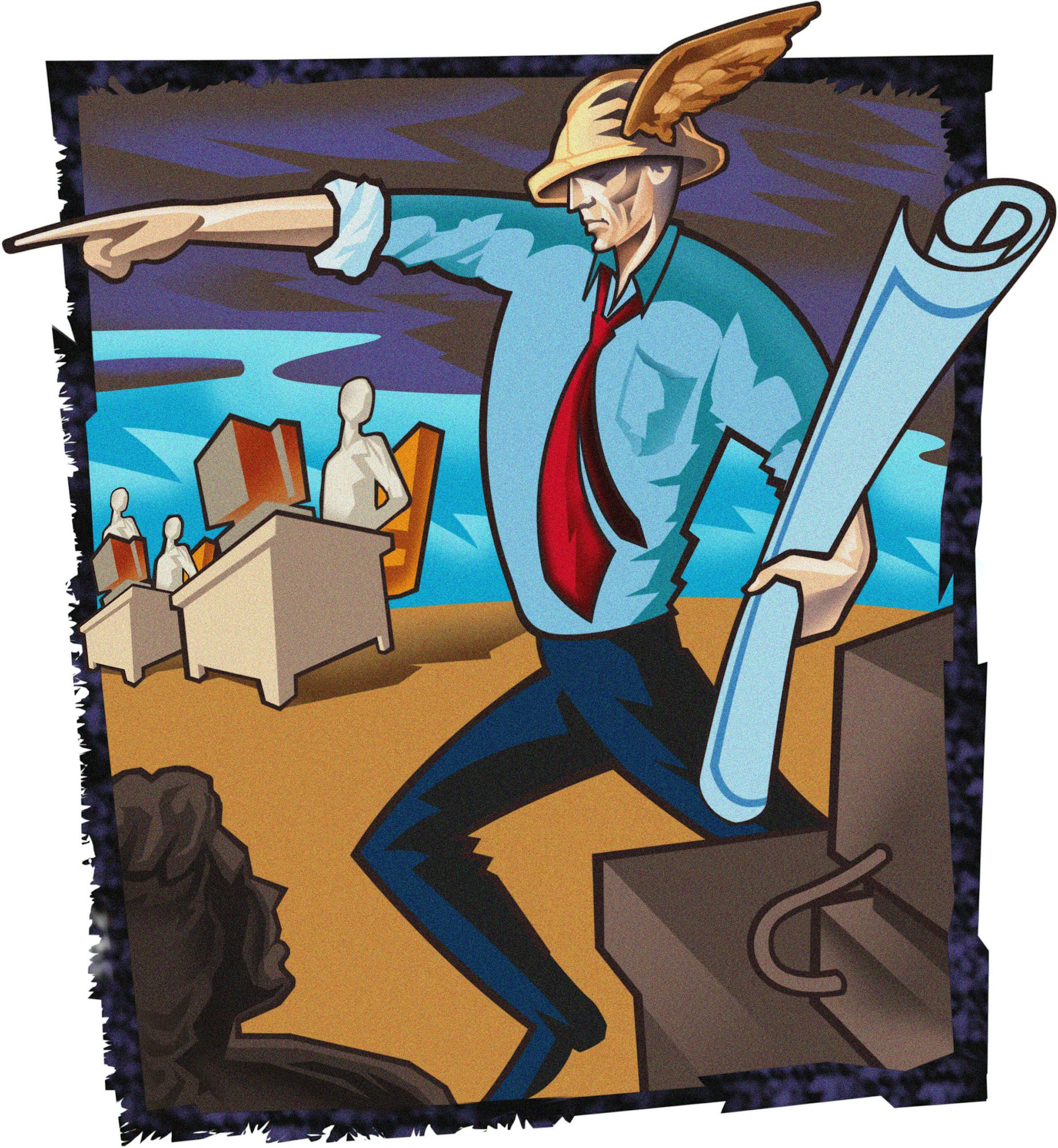 200 dpi 45p x 47p Steve Lopez color illustration of a project manager, wearing hard hat and holding plans, dramatically pointing forward; co-workers sit at desks in the background. San Jose Mercury News 2000 With MANAGE, Knight Ridder by Margaret Steen
