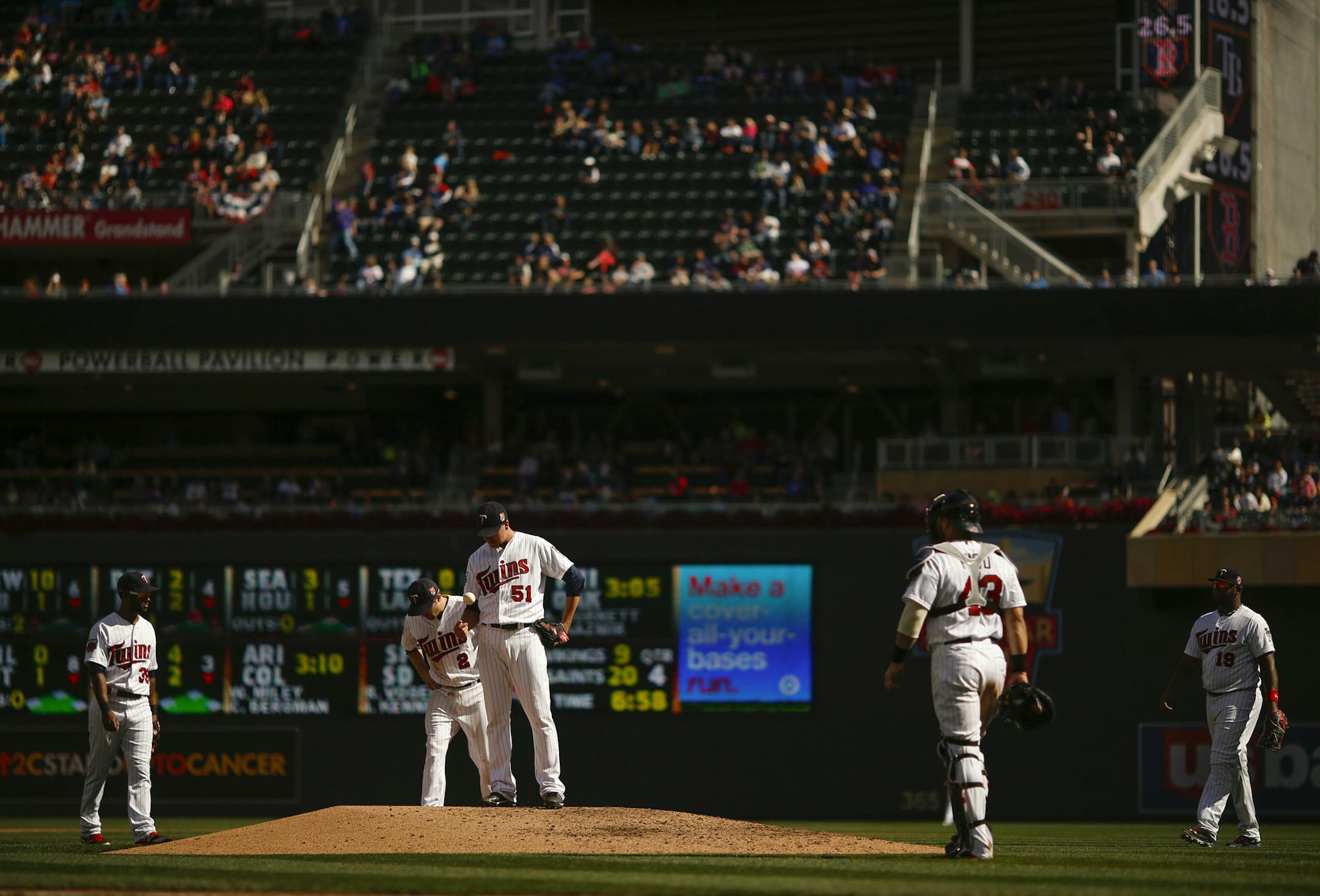 Minnesota Twins relief pitcher Anthony Swarzak (51) just before he was relieved after he was called for a balk in the fifth inning that scored Cleveland's Jose Ramirez Sunday afternoon at Target Field. ] JEFF WHEELER &#x2022; jeff.wheeler@startribune.com The Twins lost 7-2 to the Cleveland Indians Sunday afternoon September 21, 2014 at Target Field in Minneapolis.