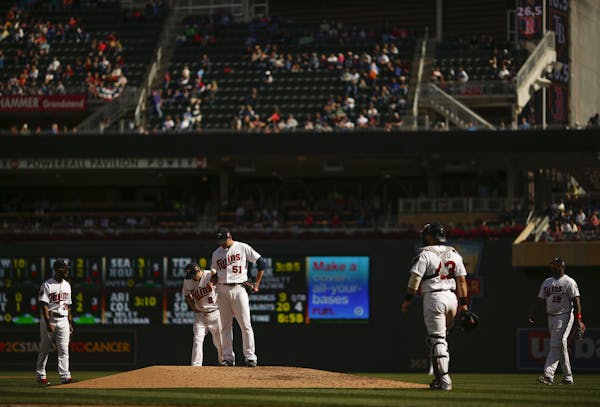 Minnesota Twins relief pitcher Anthony Swarzak (51) just before he was relieved after he was called for a balk in the fifth inning that scored Clevela