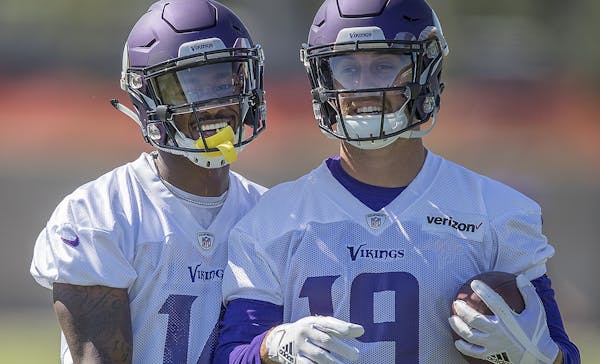 Vikings wide receiver Stefon Diggs, left, and Adam Thielen ran drill during a mandatory Vikings three-day minicamp at the TCO Performance Center, June