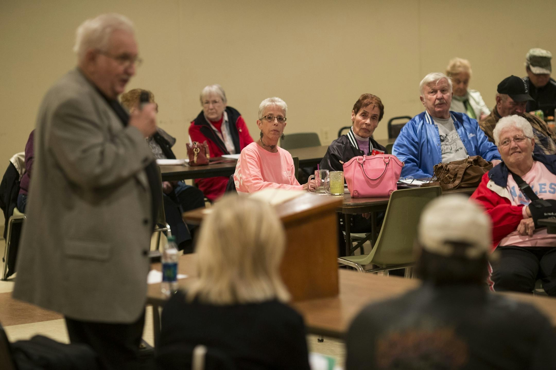 A crowd of 40-50 people listened to volunteer investigator and guest speaker James Rothstein at the Citizens For Justice for Byron Smith Coalition monthly meeting at the VFW in Little Falls, Minn., on Thursday, April 9, 2015.
