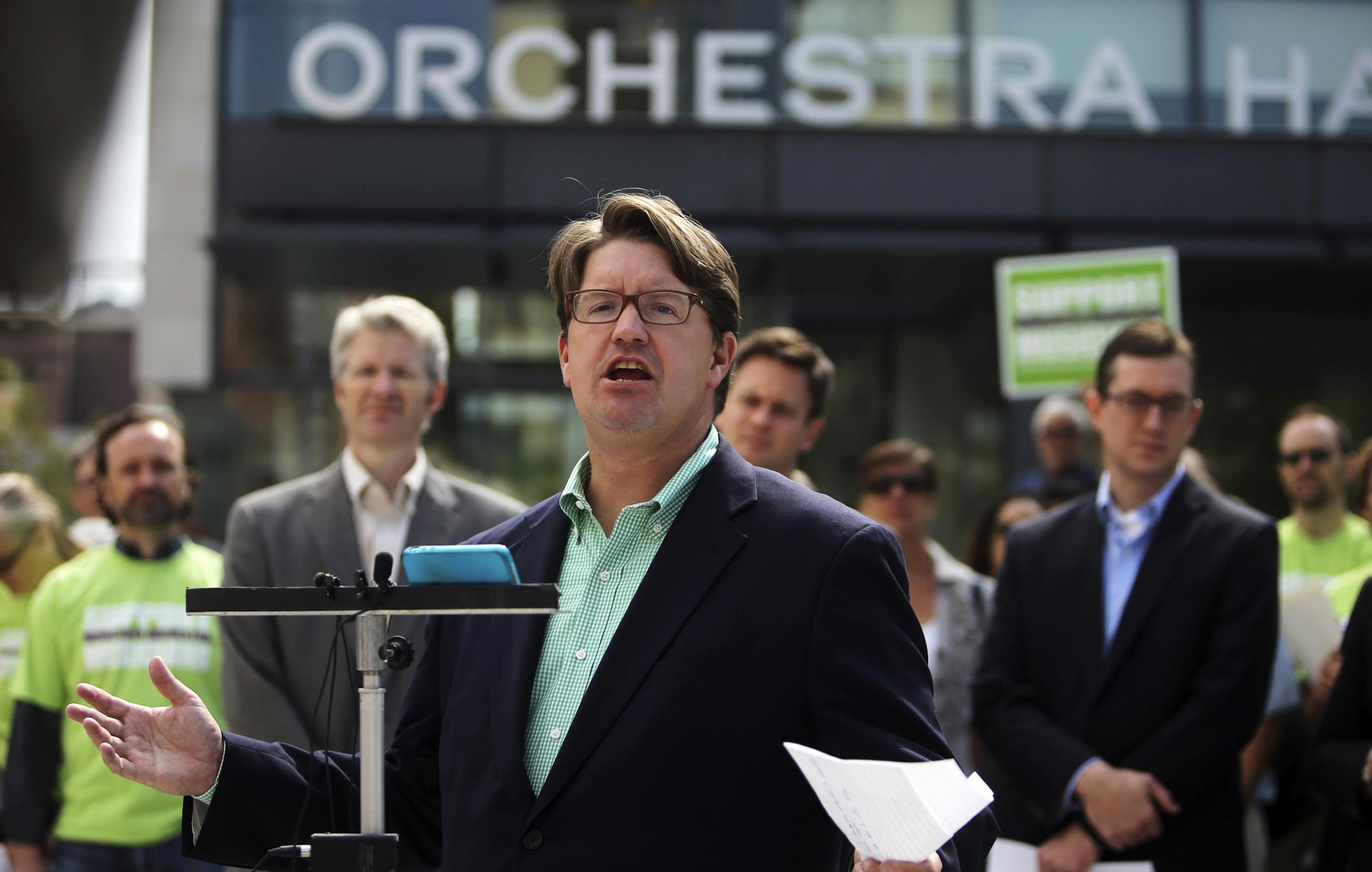 Minnesota Orchestra musicians spokesperson Blois Olson addresses media members, after musicians announced they are rejecting the newest offer by management to resolve a labor contract and propose going back to mediation.