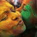 Students at the Rabindra Bharati University, named after India�s first Noble laureate Rabindra Nath Tagore, hug each other as they play with colors 