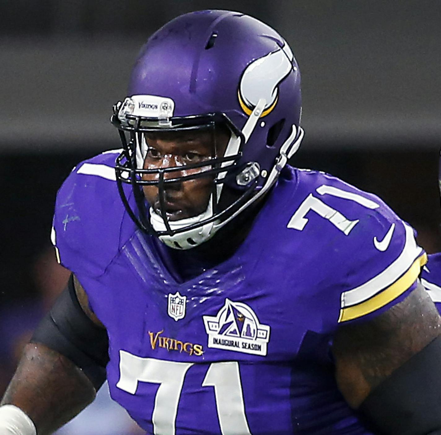 Minnesota Vikings offensive tackle Andre Smith sets up to block during a NFL football game against the Green Bay Packers on Sunday, Sept. 18, 2016 in Minneapolis. The Vikings won the game, 17-14. (G. Newman Lowrance via AP) ORG XMIT: NYWWP ORG XMIT: MIN1612301834359651