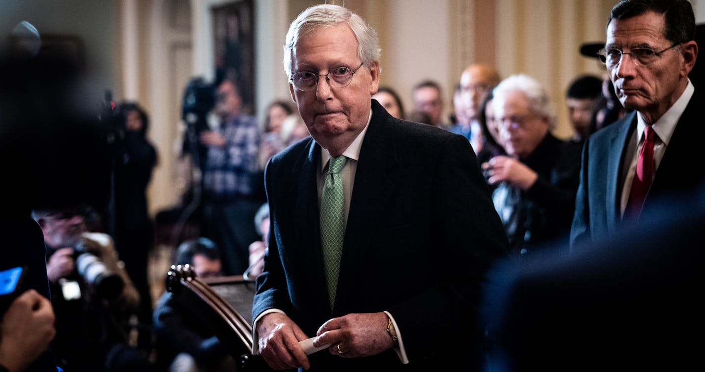 Senate Majority Leader Mitch McConnell (R-Ky.) leaves a news conference at the Capitol in Washington on Tuesday, Dec. 17, 2019. Backing impeachment of President Trump is a politically risky step for many Democrats, more so given that Republicans have made clear the effort will die in the Senate. (Erin Schaff/The New York Times)