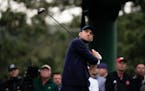 Scottie Scheffler on the 18th tee during the second round at the Masters golf tournament on Friday, April 8, 2022, in Augusta, Ga. (AP Photo/Charlie R