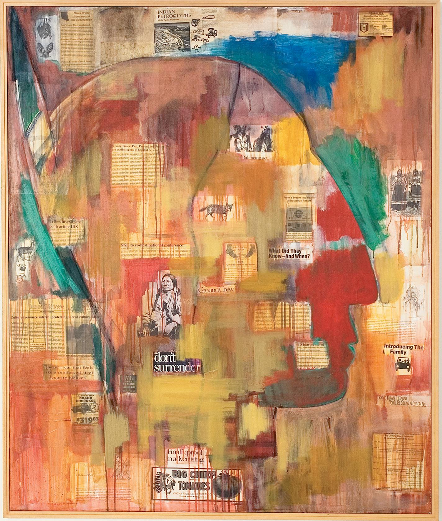 Juane Quick-to-See Smith, "Indian Head", 1993, oil and mixed media on canvas. Provided by Weisman Art Museum