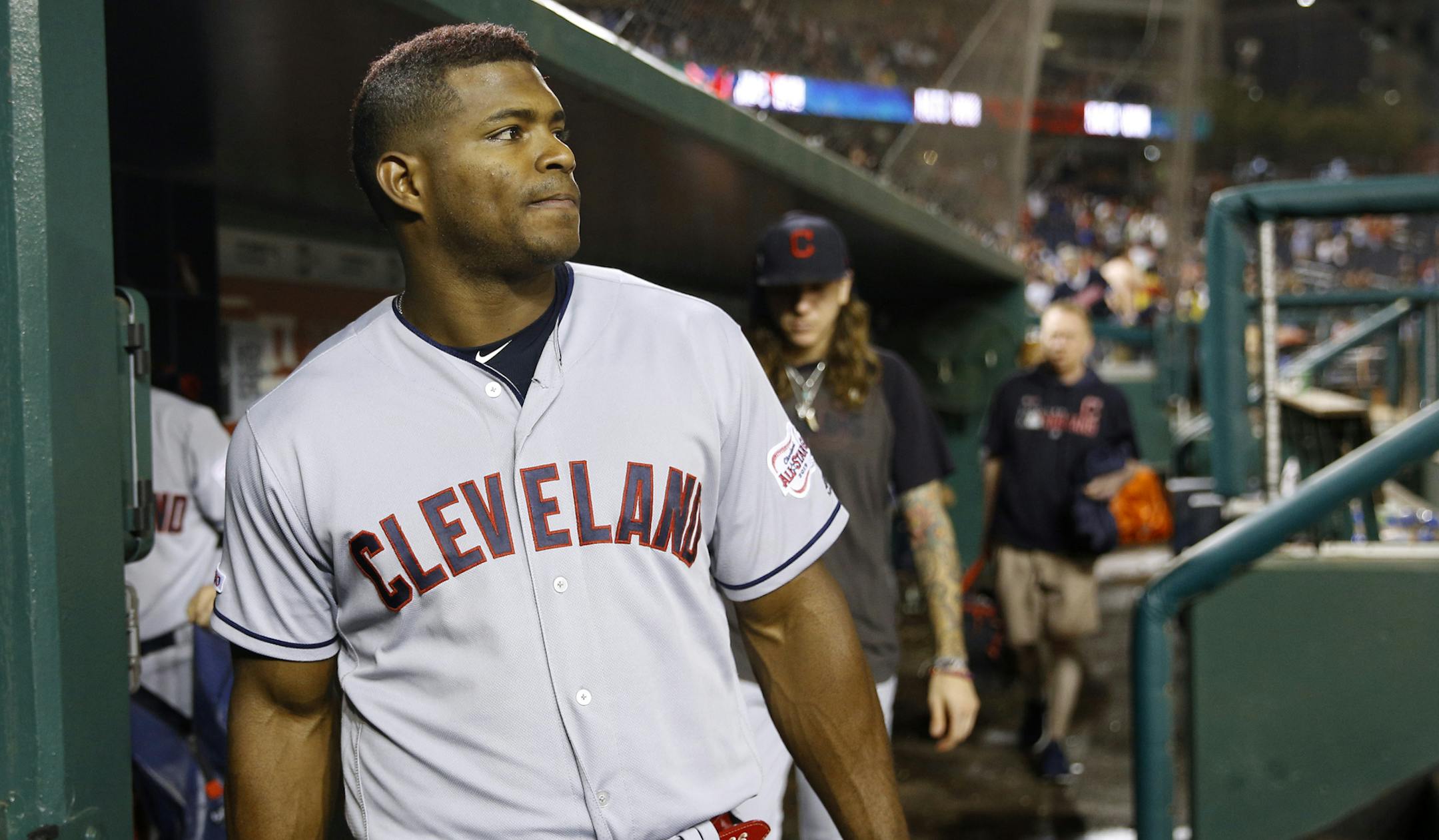 Cleveland Indians' Yasiel Puig walks out of the dugout after a baseball game against the Washington Nationals, Friday, Sept. 27, 2019, in Washington. (AP Photo/Patrick Semansky)