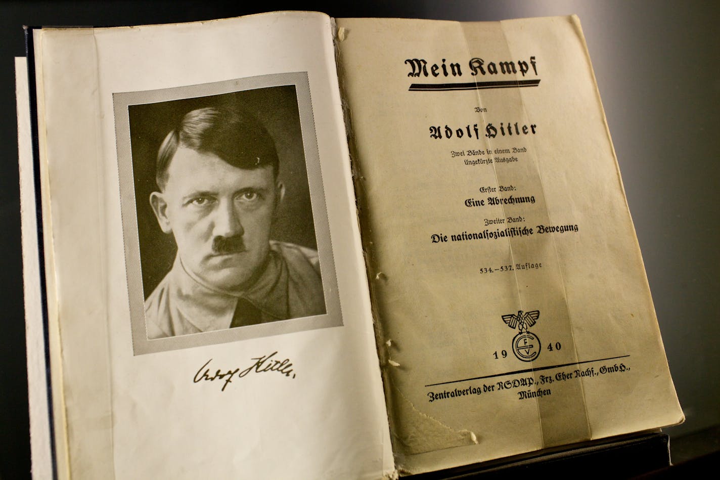 FILE Ñ A copy of ÒMein KampfÓ on display at the Documentation Center in Nuremburg, Germany, Nov. 4, 2012. As the copyright expires at the end of 2015, a team of historians specializing in the Nazi era are set to publish a new edition of ÒMein KampfÓ with extensive academic annotations showing how Hitler wove truth with half-truths and lies in the manifesto. (Russ Juskalian/The New York Times)