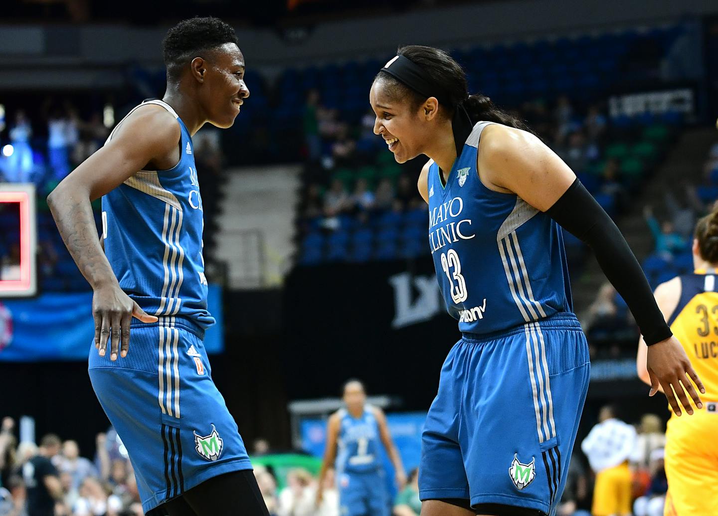 Minnesota Lynx forward Natasha Howard (3) and Minnesota Lynx forward Maya Moore (23) celebrated after Howard hit a 3-point buzzer beater to end the first half against the Indiana Fever. ] (AARON LAVINSKY/STAR TRIBUNE) aaron.lavinsky@startribune.com The Minnesota Lynx played the Indiana Fever on Friday, May 27, 2016 at Target Center in Minneapolis, Minn.