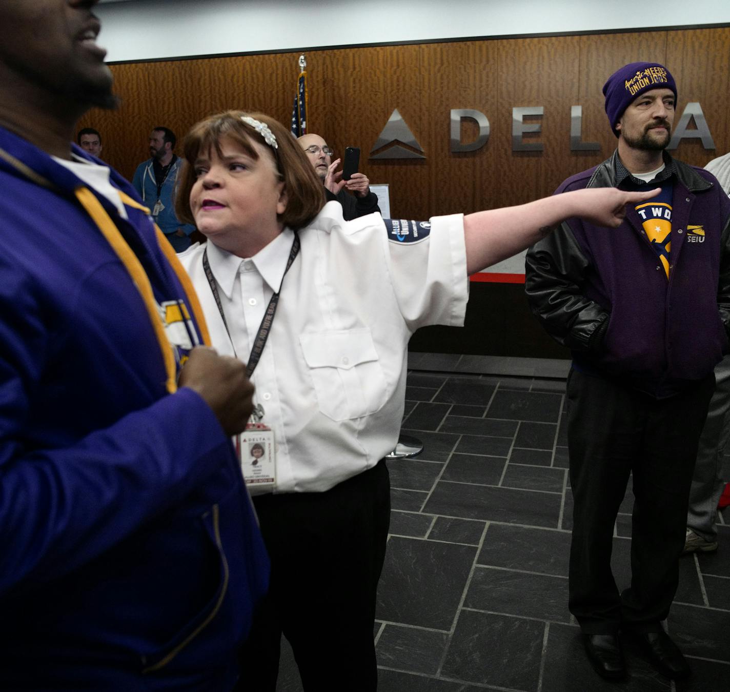 Several dozen protesters marched to Delta headquarters to protest the firing of seven Muslim workers who had been allegedly fired for praying while working for a Delta subcontractor.] Seven Muslim workers were fired by cabin-cleaning firm at MSP Airport. They plan to walk to Delta offices to demand action on workers being fired for exercising their freedom of religion. Richard Tsong-Taatarii&#x2022;Richard.Tsong-Taatarii@startribune.com