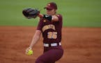 Gophers righthander Autumn Pease prepared to deliver a pitch against Texas A&amp;M on Saturday, May 21, 2022, in an NCAA softball tournament eliminati