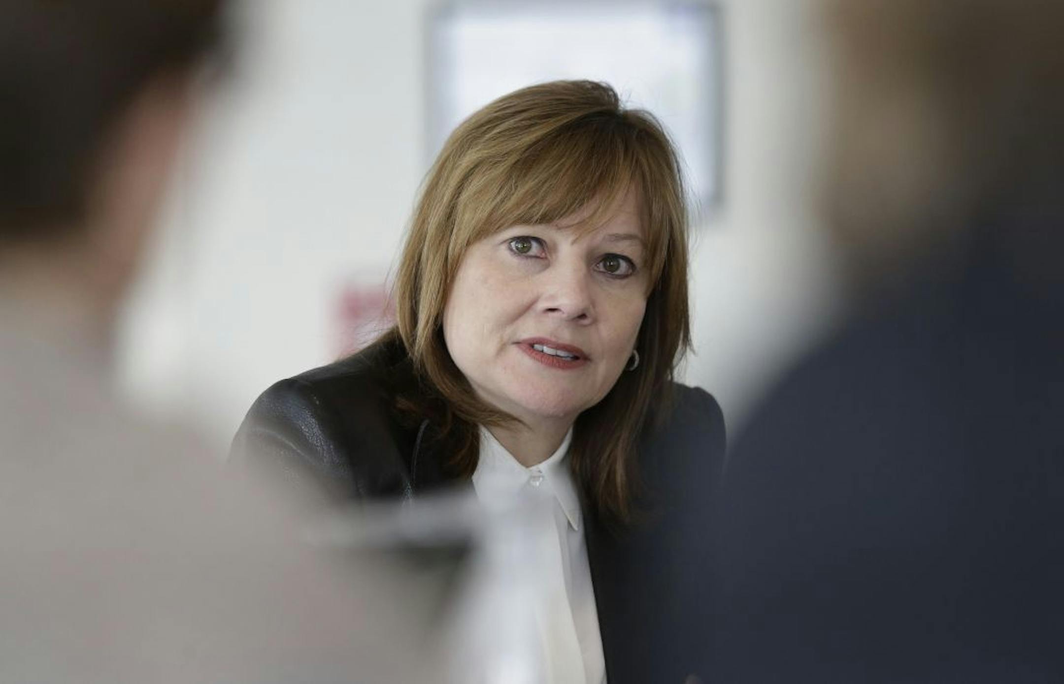 General Motors CEO Mary Barra addresses the media during a roundtable meeting with journalists in Detroit, Thursday, Jan. 23, 2014.
