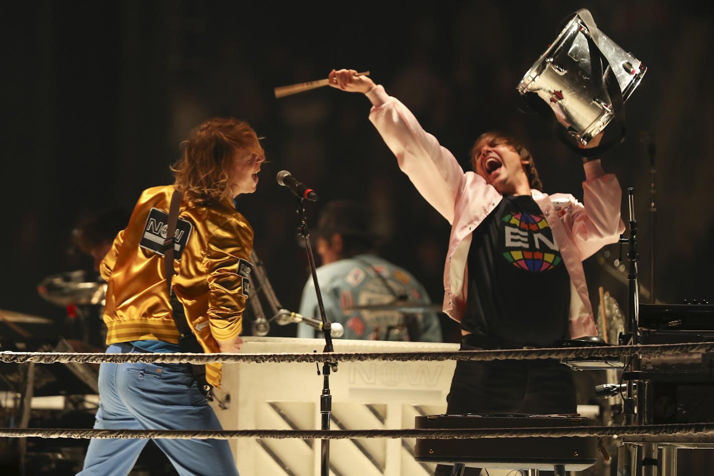 Guitarist Richard Reed Parry with William Butler early in Arcade Fire's set. ] JEFF WHEELER &#xef; jeff.wheeler@startribune.com Arcade Fire brought their Infinite Content tour to Xcel Energy Center in St. Paul Sunday night, October 29, 2017.